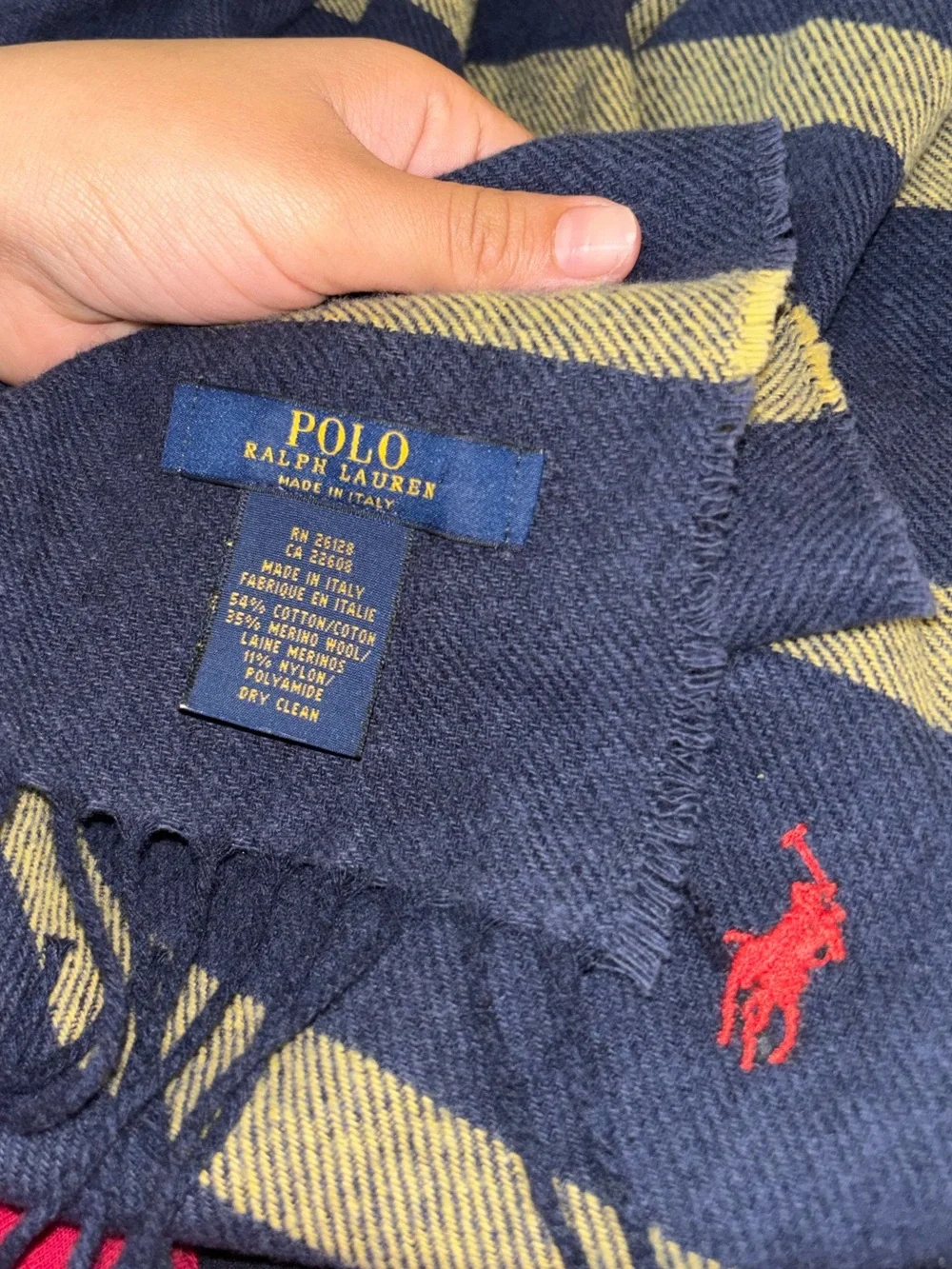 Polo by Ralph Lauren Wool Cotton Fringe Stripe Preppy Scarf Navy and Yellow